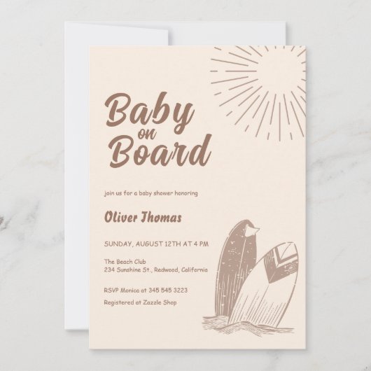 Neutraal minimalistisch Boho Surfboard Baby shower Kaart (Voorkant)