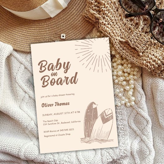 Neutraal minimalistisch Boho Surfboard Baby shower Kaart