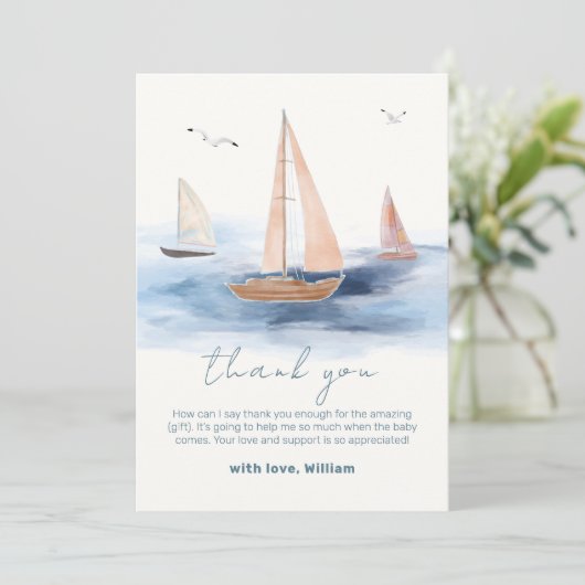 Neutraal minimalistisch nautisch zeilboot Baby sho Bedankkaart (Staand voorkant)