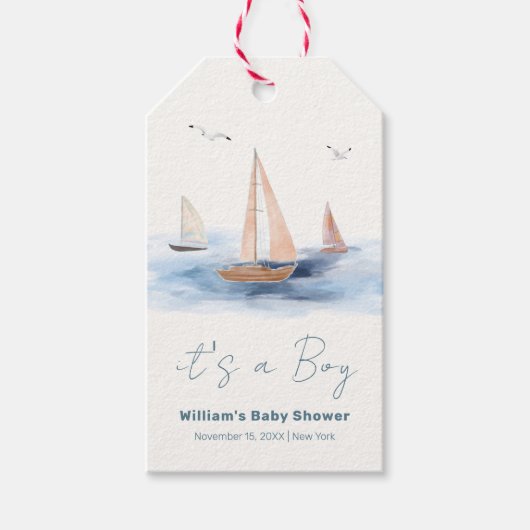 Neutraal minimalistisch nautisch zeilboot Baby sho Cadeaulabel (Voorkant)