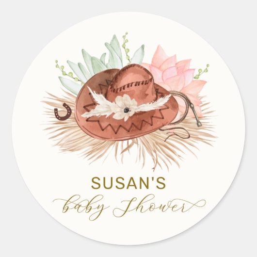 Neutraal Modern Boho Cactus Cowboy Pet Baby shower Ronde Sticker (Voorkant)