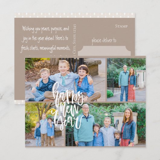 Neutraal modern minimalistisch vier-foto nieuwe ja feestdagenkaart (Voorkant / Achterkant)