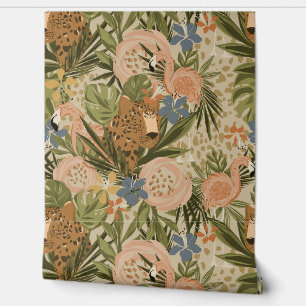 Neutraal Oerwoud Cheetah en Flamingo Floral Behang