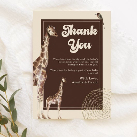Neutraal Oerwoud Safari Giraffe Baby shower Bedankkaart