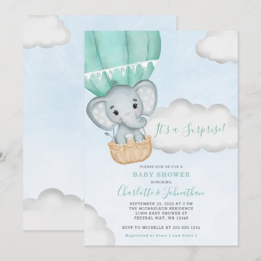 Neutraal Olifant Mint Groen Baby shower Kaart (Voorkant / Achterkant)