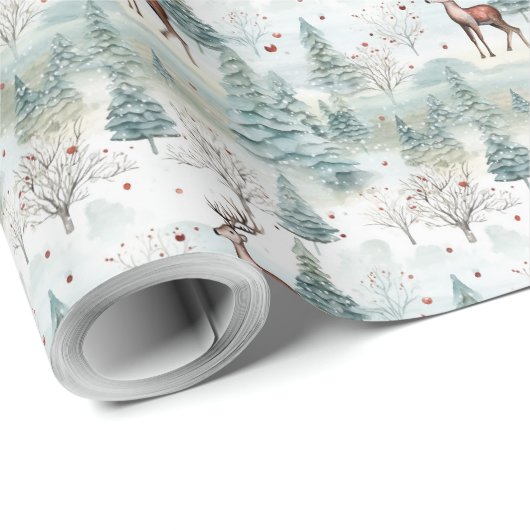 Neutraal pastel salie groen winterbos rendier cadeaupapier (Rol Hoek)