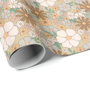 Neutraal Retro BOHO Bloempatroon in Aardetinten Cadeaupapier