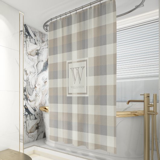 Neutraal Tan Grey Ivory Rustic Pset Monogram Douchegordijn