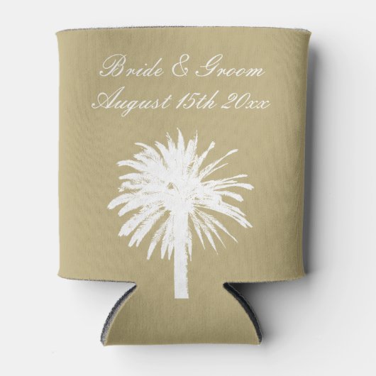 Neutraal tan kleurenpalet palm boom strand bruilof blikjeskoeler (Voorkant)