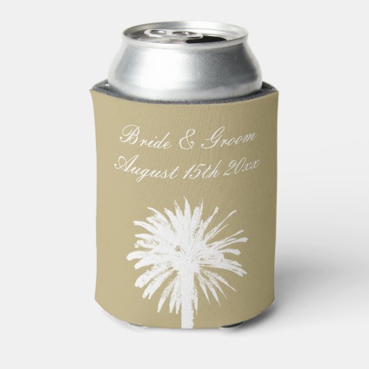 Neutraal tan kleurenpalet palm boom strand bruilof blikjeskoeler (Blikje Achterkant)