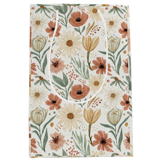 Neutraal Terracotta Daisy en Poppy Bloemenpatroon Medium Cadeauzakje (Voorkant)