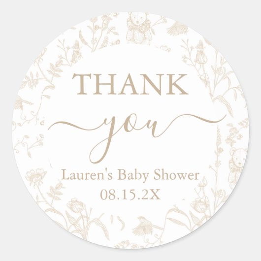 Neutraal Toile Beer Baby shower Ronde Sticker (Voorkant)