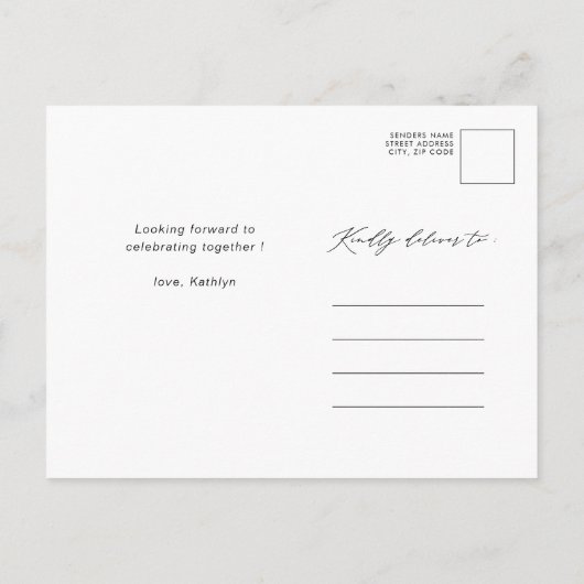 Neutraal wit Elegant Script Modern Vrijgezellenfee Uitnodiging Briefkaart (Achterkant)