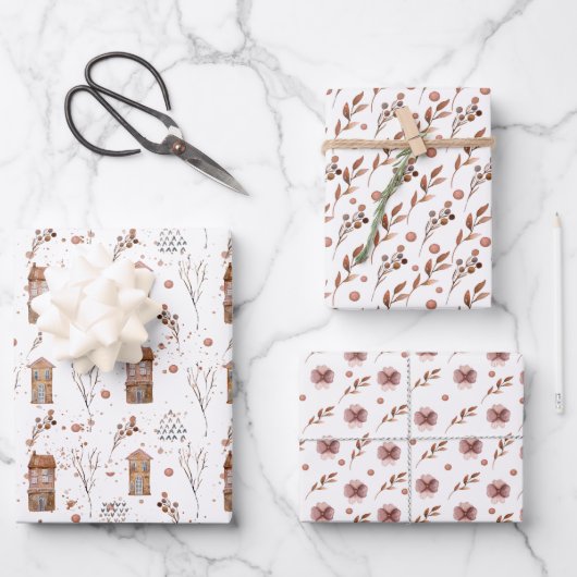 Neutraal Woodland Set van 3 Flat Sheet Wraps Inpakpapier Vel (Voorkant)