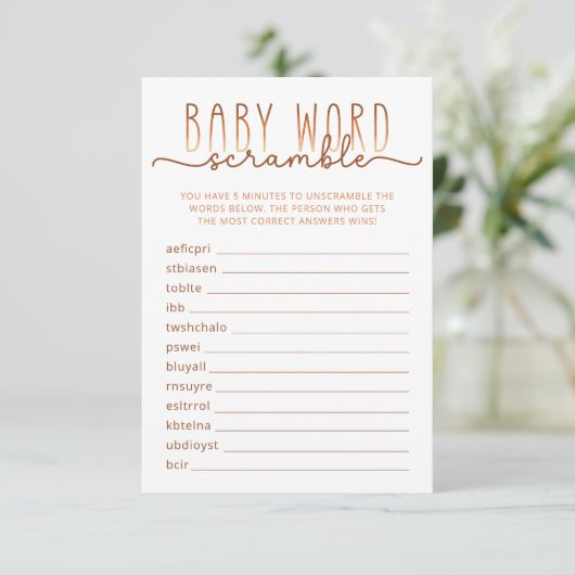 Neutraal Word Scramble Baby shower spel Kaart (Staand voorkant)