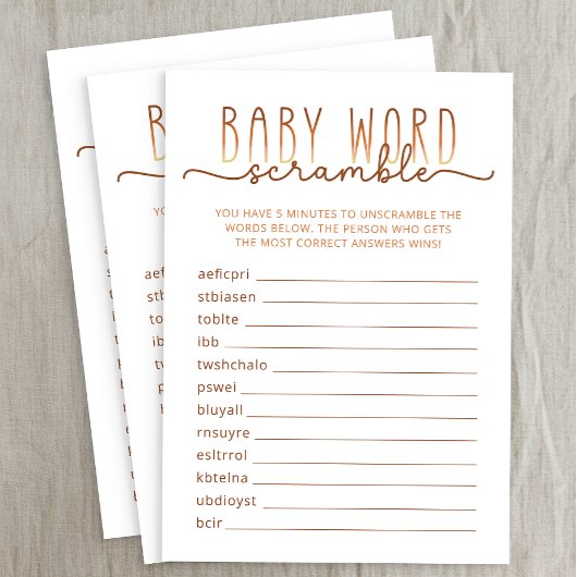 Neutraal Word Scramble Baby shower spel Kaart