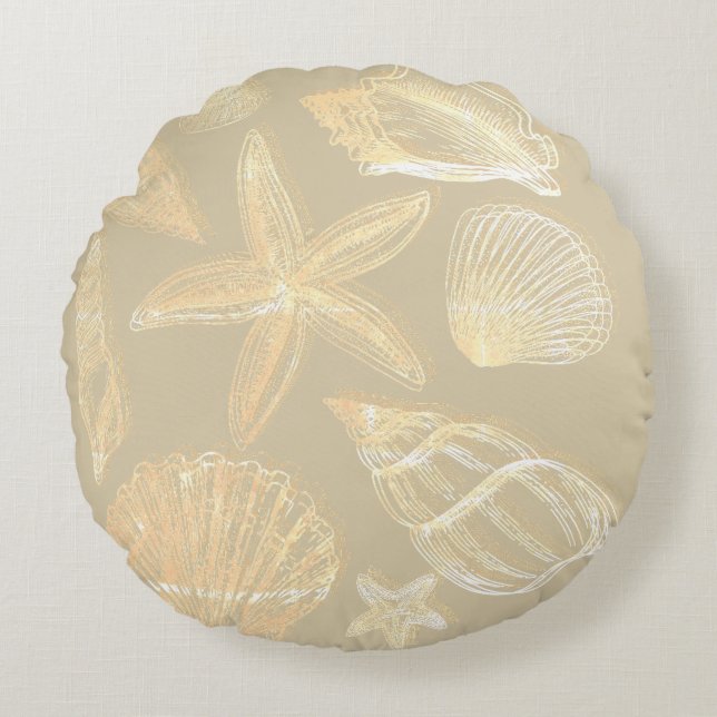 Neutraal Zand Tan Beige Seashell Shells Beach Hous Rond Kussen (Voorkant)