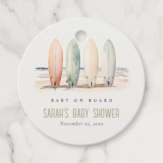 Neutral Baby On Board Surfboard Baby Shower Bedankjes Labels (Voorkant)