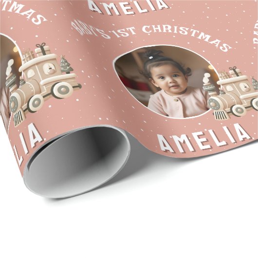 Neutral Baby’s 1st Christmas Train Keepsake Photo Cadeaupapier (Rol Hoek)