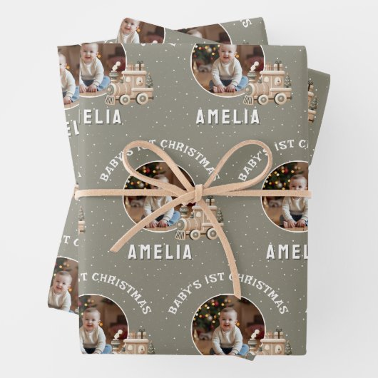 Neutral Baby’s 1st Christmas Train Keepsake Photo Inpakpapier Vel (In situ)