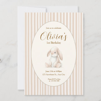 Neutral Baby's First Birthday Bunny Invitation Kaart