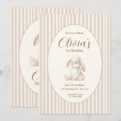 Neutral Baby's First Birthday Bunny Invitation Kaart (Voorkant / Achterkant)