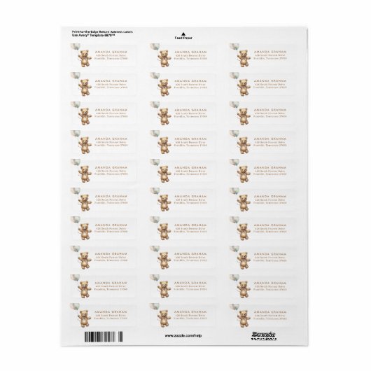 Neutral Barly Wait Teddy Bear Baby shower Adres Etiket (Full Sheet)