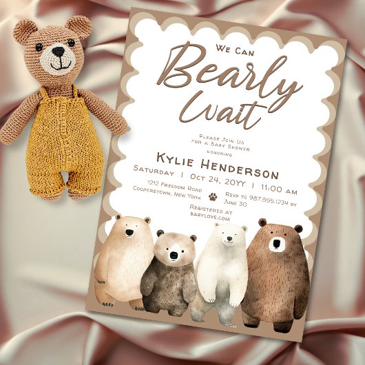 Neutral Bearly Wait Teddy Bear-Baby shower Kaart