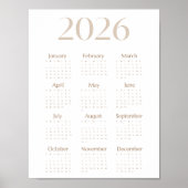 Neutral Beige 2026 Calendar Minimalist One-Page Poster (Voorkant)