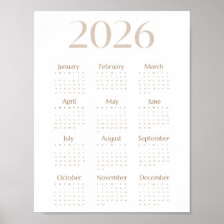 Neutral Beige 2026 Calendar Minimalist One-Page Poster