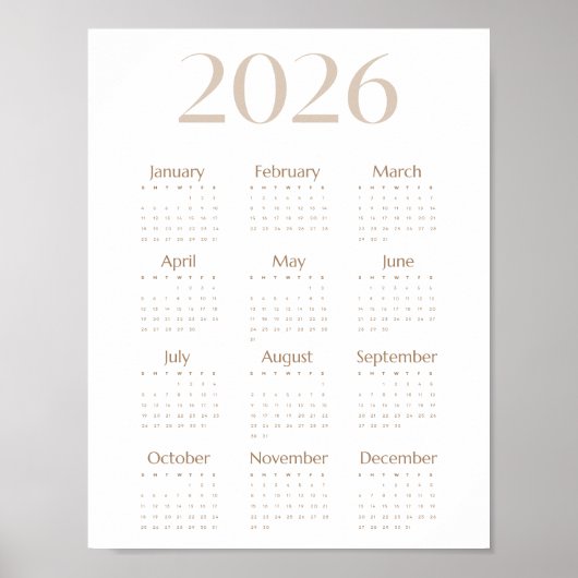 Neutral Beige 2026 Calendar Minimalist One-Page Poster (Voorkant)