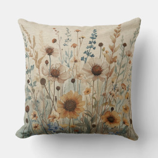 Neutral Beige Blue Brown Wildflower Print Kussen