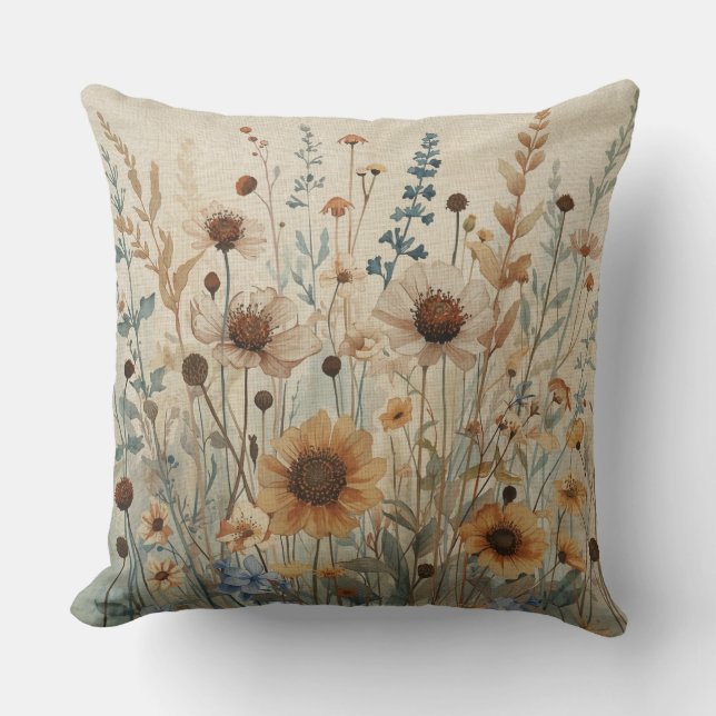 Neutral Beige Blue Brown Wildflower Print Kussen (Voorkant)