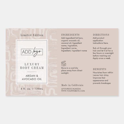 Neutral Beige Bohemian Logo 4OZ Cosmetic Bottle Rechthoekige Sticker (Voorkant)