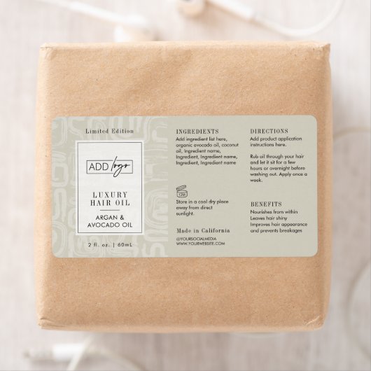 Neutral Beige Boho Pattern Logo 2OZ Dropper Bottle Etiket (Insitu)