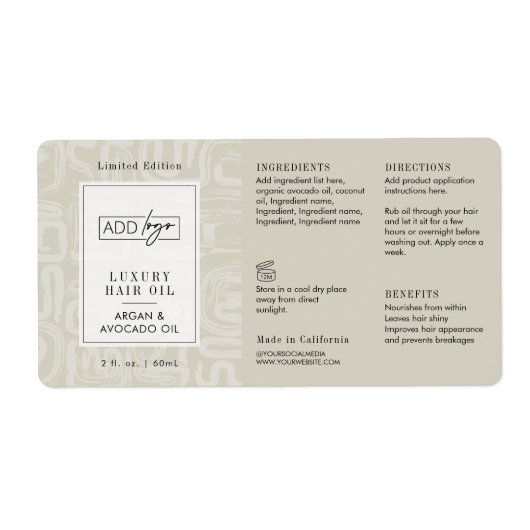 Neutral Beige Boho Pattern Logo 2OZ Dropper Bottle Etiket (Voorkant)