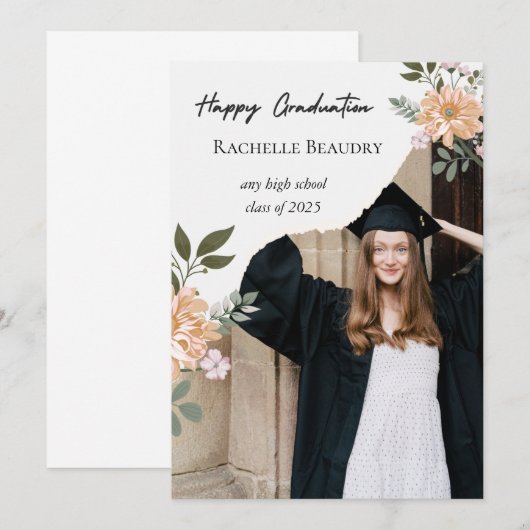 Neutral Beige Floral Elegant Afstuderen Kaart (Voorkant / Achterkant)