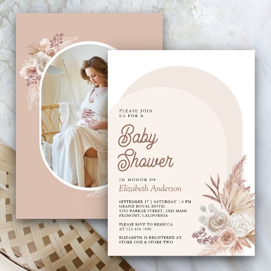 Neutral Beige Floral Pampas Foto Baby shower Kaart