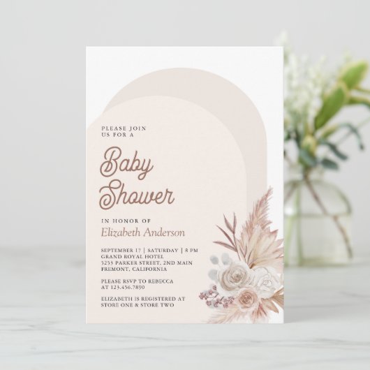 Neutral Beige Floral Pampas Foto Baby shower Kaart (Staand voorkant)
