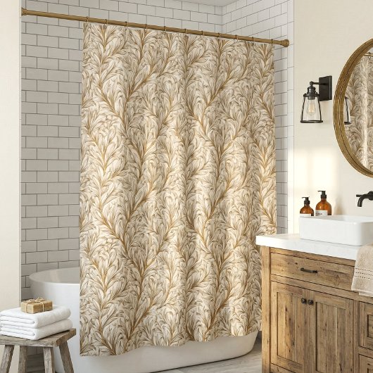 Neutral Beige Gold Botanical Leaf William Morris Douchegordijn