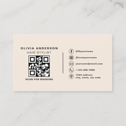 Neutral Beige Hair Stylist Photo QR Code  Visitekaartje (Achterkant)