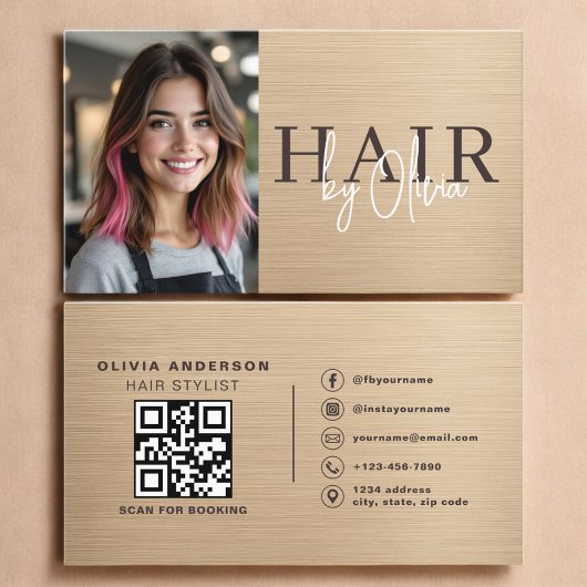 Neutral Beige Metallic Hair Stylist Photo QR Code  Visitekaartje