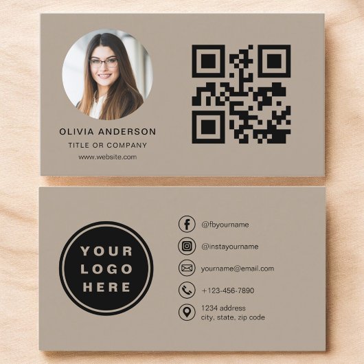 Neutral Beige Modern Minimalist Photo with QR Code Visitekaartje