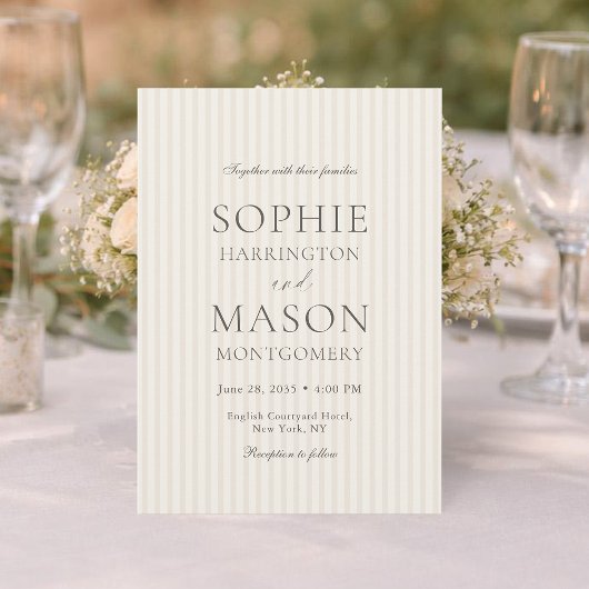 Neutral Beige Stripe Wedding Invitation Kaart