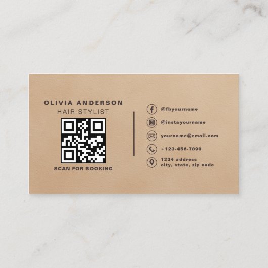 Neutral Beige Suede Hair Stylist Photo QR Code  Visitekaartje (Achterkant)