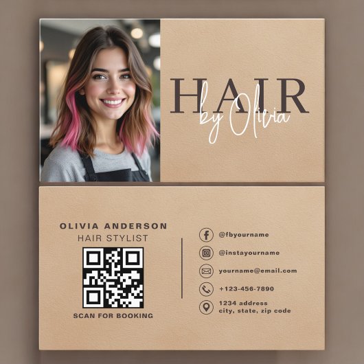 Neutral Beige Suede Hair Stylist Photo QR Code  Visitekaartje