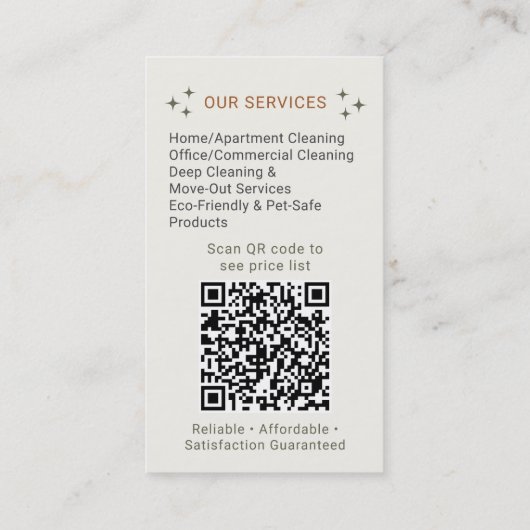 neutral Boho Cleaning Service Maid QR Code Visitekaartje (Achterkant)