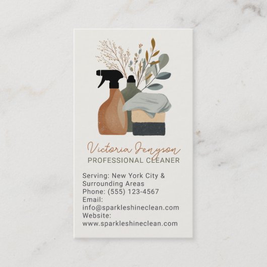 neutral Boho Cleaning Service Maid QR Code Visitekaartje (Voorkant)
