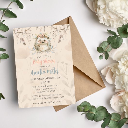 Neutral Boho Hedgehog Baby shower Invitation Kaart