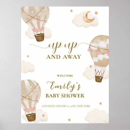 Neutral Boho Hete Luchtballon Baby shower Welkom Poster (Voorkant)